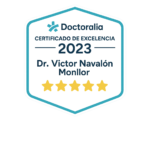 Certificado de Excelencia Doctoralia 2023 otorgado al Dr. Víctor Navalón Monllor por las valoraciones de sus pacientes.