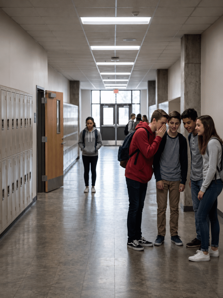Adolescente aislado mientras un grupo de compañeros se burla de él en un pasillo escolar, representando una situación de acoso escolar o bullying – Clínica Víctor Navalón Valencia.