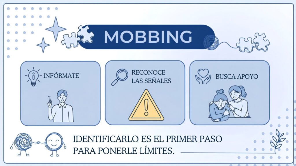 Banner sobre acoso laboral o mobbing con recomendaciones para identificar señales, informarse y buscar apoyo – Clínica Víctor Navalón Valencia.