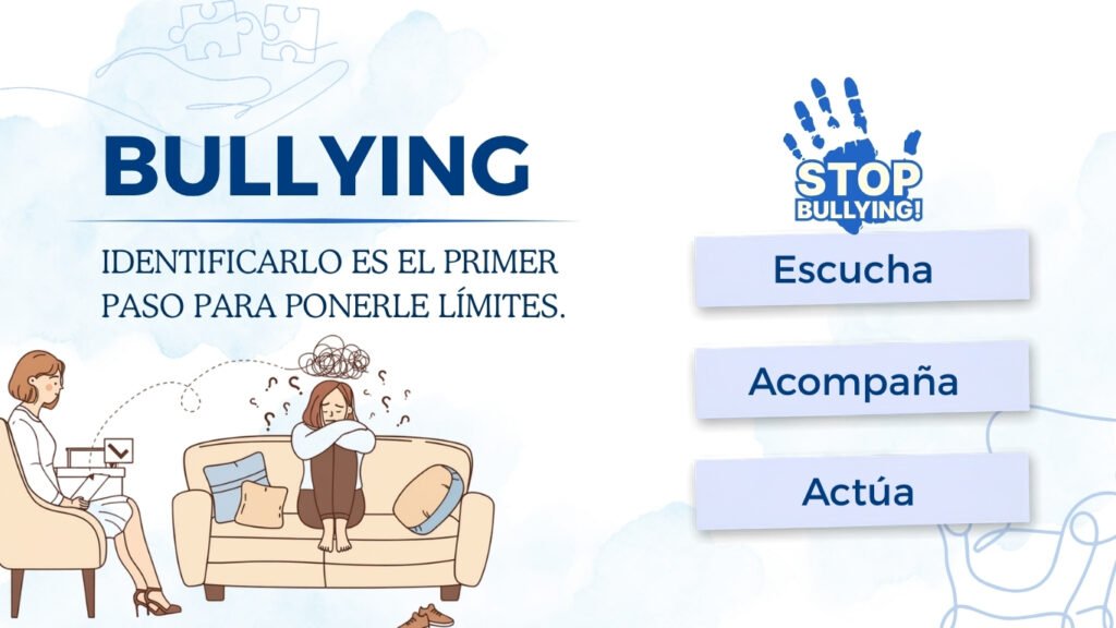 Banner sobre acoso escolar o bullying con mensajes para identificarlo, escuchar, acompañar y actuar ante situaciones de acoso – Clínica Víctor Navalón Valencia.