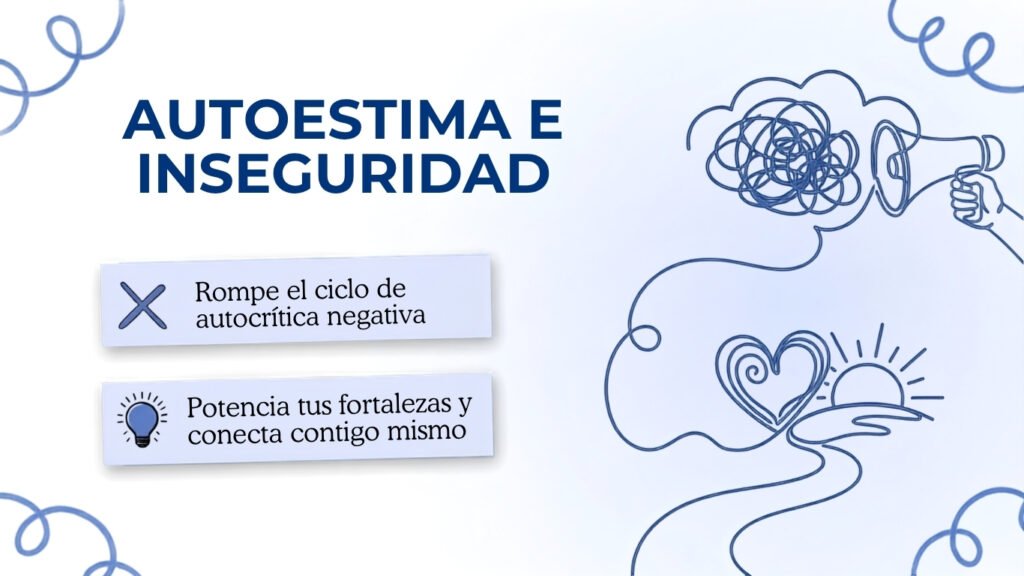 Banner sobre autoestima e inseguridad con mensajes para reducir la autocrítica, potenciar las fortalezas y mejorar la confianza personal – Clínica Víctor Navalón Valencia.