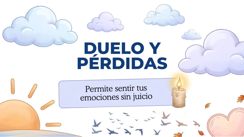 Banner sobre duelo y pérdidas con elementos simbólicos de despedida, aceptación emocional y recuerdo – Clínica Víctor Navalón Valencia.