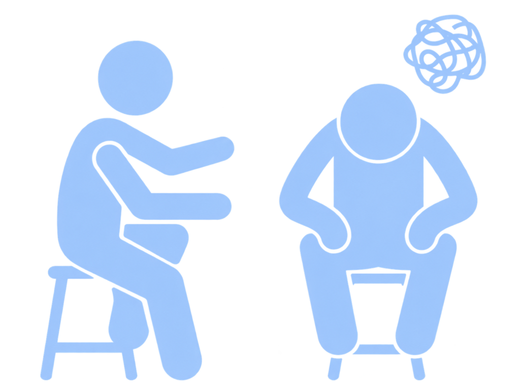 Ilustración de una persona ofreciendo apoyo a otra que muestra malestar emocional, representando un proceso de regulación emocional – Clínica Víctor Navalón.