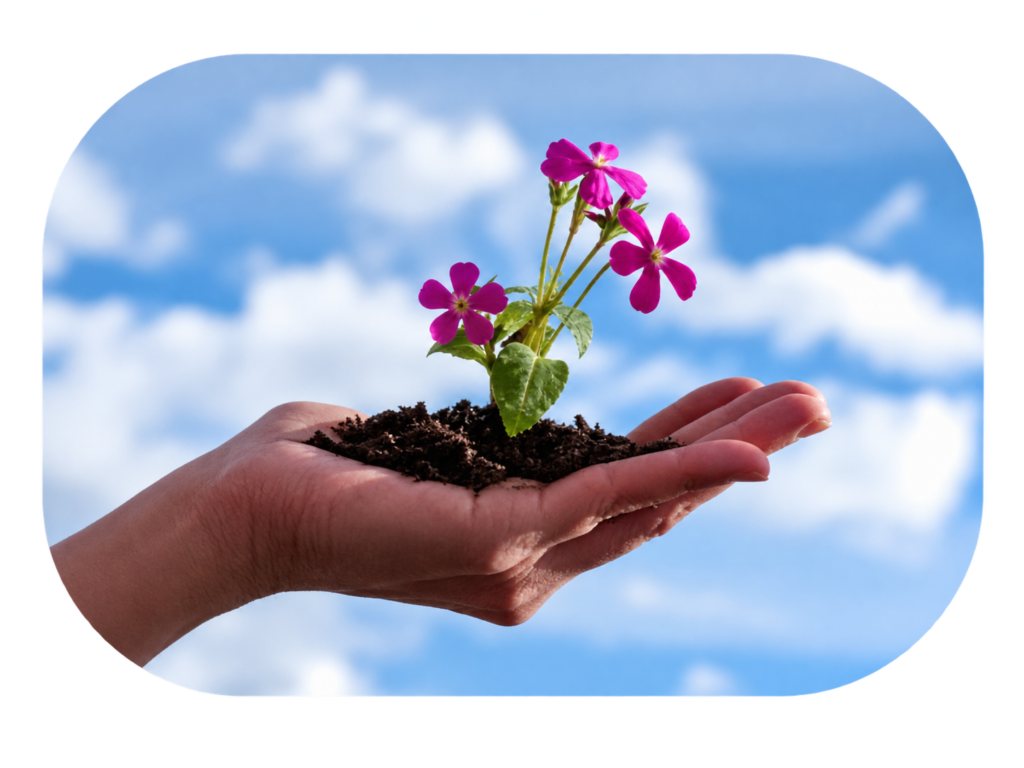 Mano sosteniendo una planta con flores, representando un proceso de crecimiento personal y bienestar emocional – Clínica Víctor Navalón.
