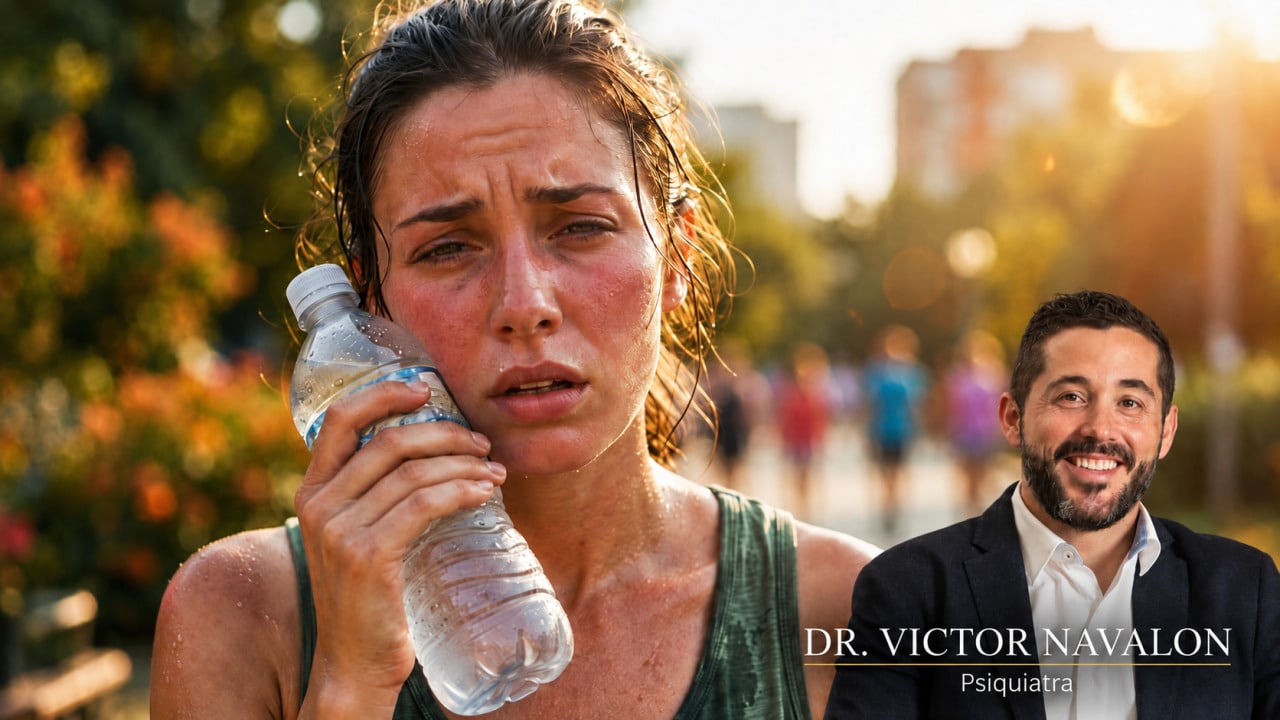 Mujer afectada por una ola de calor junto al Dr. Víctor Navalón, psiquiatra especialista en salud mental