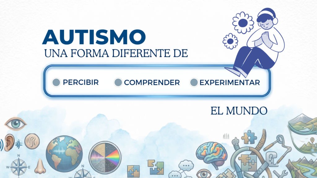 Banner sobre autismo (TEA) con ilustraciones relacionadas con diferentes formas de percibir, comprender y experimentar el mundo – Clínica Víctor Navalón Valencia.